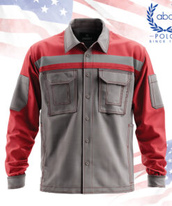 เสื้อช็อปแขนยาวสำหรับช่าง สีเทาตัดแดง พร้อมกระเป๋าคู่ฝาปิดและแถบสะท้อนแสงระดับอก ดีไซน์เน้นความปลอดภัยและความแข็งแรง เหมาะสำหรับงานเทคนิคและงานช่างในภาคสนาม รับผลิตเสื้อช็อปเทคนิคตามแบบ ไม่มีขั้นต่ำ จากโรงงานผู้เชี่ยวชาญ