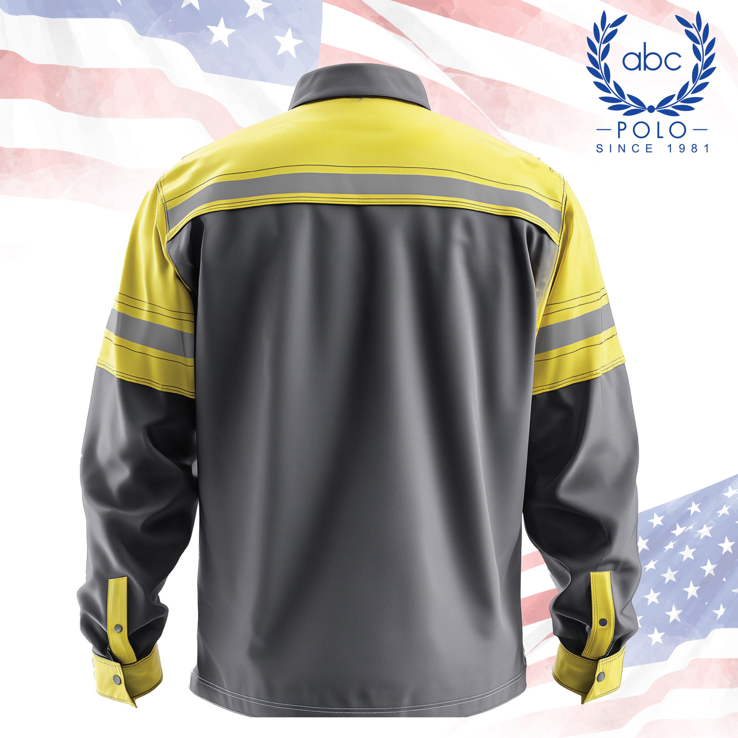 shop 08-02 ด้านหลังเสื้อช็อปเทคนิคสีเทาตัดเหลือง พร้อมแถบสะท้อนแสงแนวขวางที่ช่วงหลังและแขน เพิ่มความปลอดภัยในการทำงาน เหมาะสำหรับทีมช่างในโรงงานหรือหน่วยงานที่ต้องการความเป็นมืออาชีพ รับผลิตเสื้อช็อปแขนยาวคุณภาพสูง