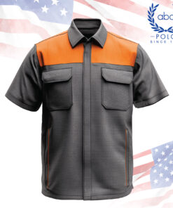 เสื้อช็อปสีเทาเข้มตัดต่อส้ม ทรงกระเป๋าแปะสองข้าง มีกระดุมซ่อนด้านหน้า เหมาะสำหรับลุคเรียบเท่และดูเป็นมืออาชีพ