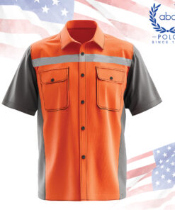 เสื้อช็อปสีส้มแถบสะท้อนแสง พร้อมแขนเทาสั้น ดีไซน์กระเป๋าเสื้อสองข้างแบบปิดกระดุม สไตล์ลุยงานภาคสนาม