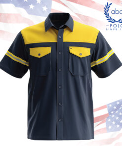 เสื้อช็อปแขนสั้นสีกรมตัดเหลือง สไตล์ทันสมัยพร้อมแถบสะท้อนแสงที่แขน เหมาะกับงานภาคสนาม