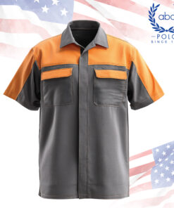 เสื้อช็อปช่างสีเทาตัดส้ม แขนสั้น ทรงมาตรฐาน พร้อมกระเป๋าเสื้อสองฝั่ง ออกแบบเพื่อความคล่องตัวในการทำงานภาคสนาม เหมาะสำหรับงานเทคนิค โรงงาน หรือไซต์งานก่อสร้าง รับผลิตเสื้อช็อปคุณภาพสูงไม่มีขั้นต่ำ