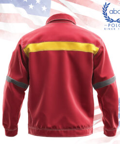 เสื้อช็อปเทคนิคดีไซน์สีแดง-เหลือง พร้อมแถบสะท้อนแสงด้านหลังและแขนเสื้อ ช่วยเพิ่มการมองเห็นในสภาพแสงน้อย เหมาะสำหรับงานช่าง งานตรวจสอบ และสายงานอุตสาหกรรมที่เน้นภาพลักษณ์และความปลอดภัย