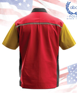 เสื้อช็อปสีแดงแขนเหลืองตัดดำ มีแถบสะท้อนแสงด้านหลัง เหมาะกับทีมช่างหรือฝ่ายผลิต