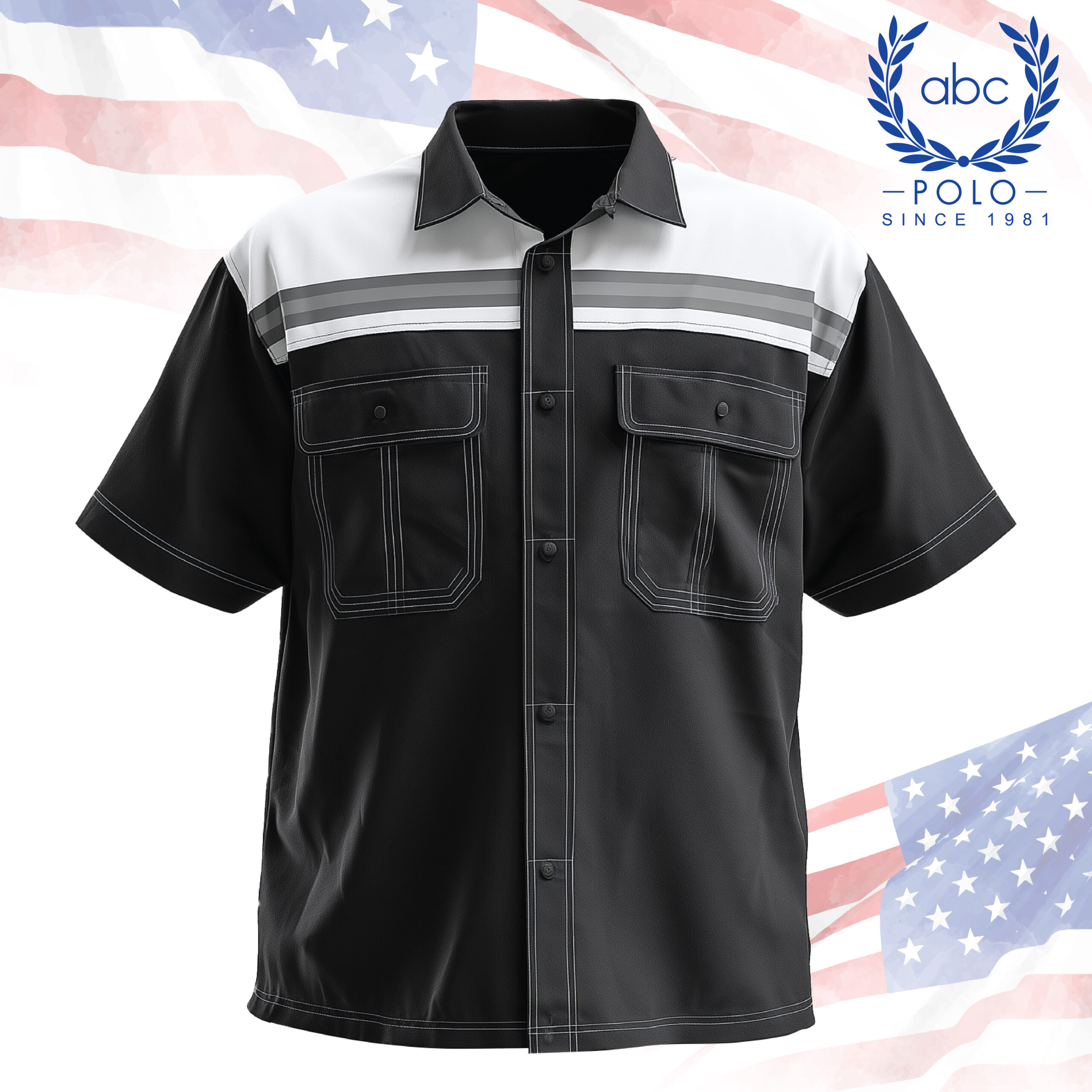 shop 74-01 เสื้อช็อปเทคนิคแขนสั้นสีดำตัดขาวลายแถบสะท้อนแนวอก มาพร้อมกระเป๋าฝาปิดสองข้างและเดินด้ายตัดสี เพิ่มความโดดเด่น เหมาะสำหรับงานเทคนิค งานช่าง และทีมภาคสนามที่ต้องการความเรียบร้อยและทันสมัย