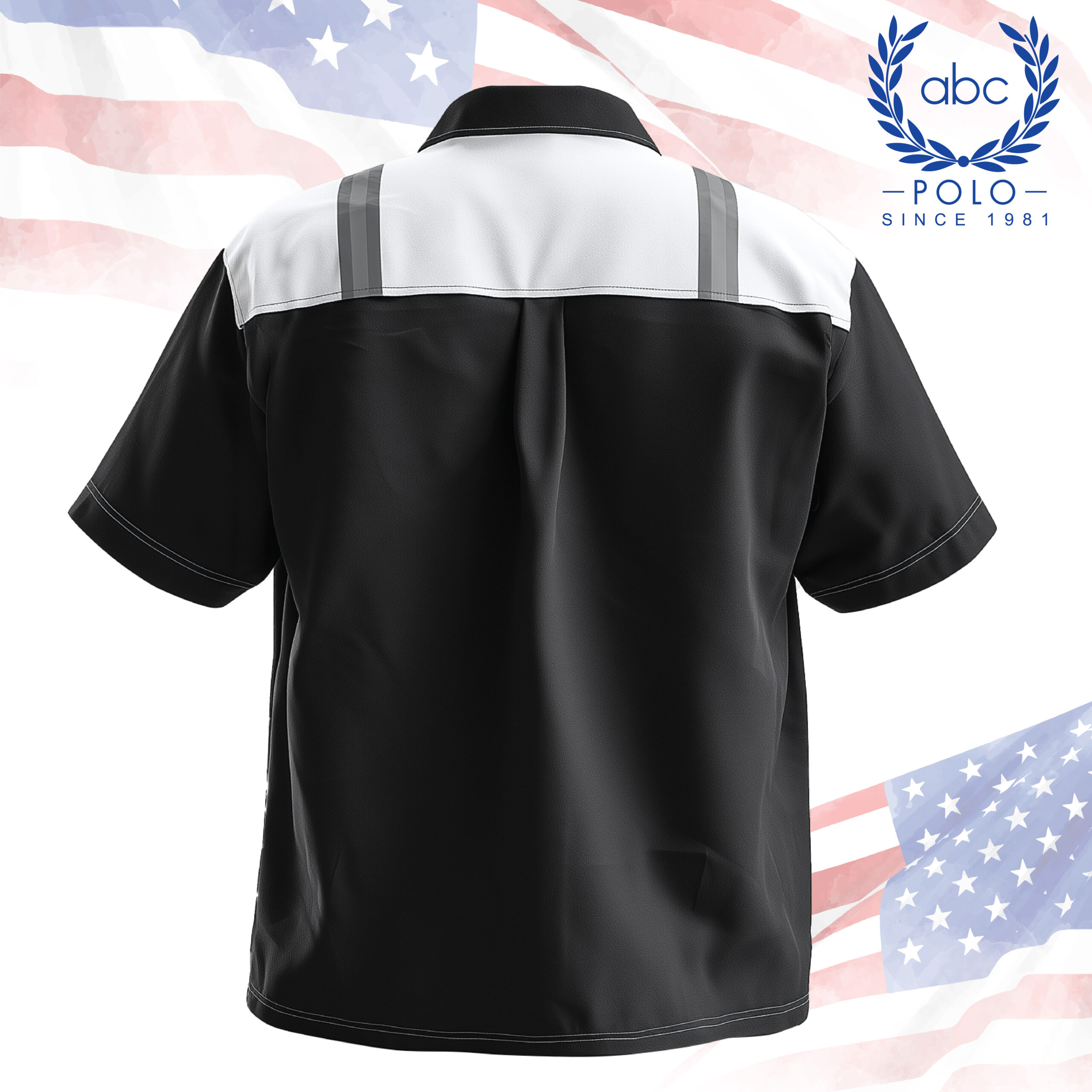 shop 74-02 ด้านหลังเสื้อช็อปช่างดีไซน์แถบสะท้อนแสงสีเทาตัดกับช่วงไหล่สีขาวและลำตัวสีดำ เพิ่มความปลอดภัยและความเป็นมืออาชีพ เหมาะสำหรับองค์กรที่ต้องการรับผลิตเสื้อช็อปเพื่อใช้งานจริงในทุกสภาพแวดล้อม