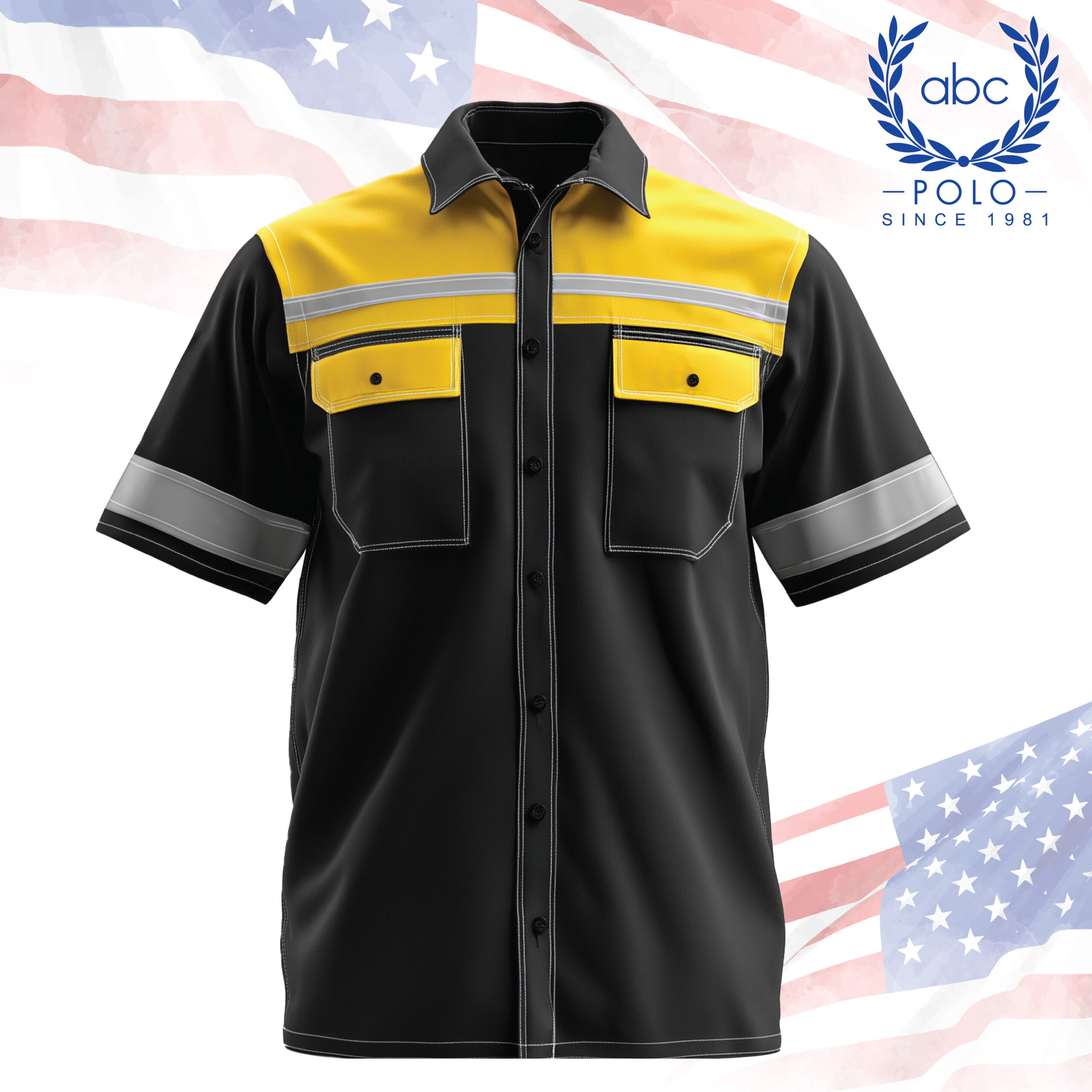 shop 75-01 เสื้อช็อปเทคนิคแขนสั้นสีดำตัดเหลือง พร้อมแถบสะท้อนแสงที่หน้าอกและปลายแขน เพิ่มความปลอดภัยในที่แสงน้อย มีกระเป๋าหน้าฝาปิดสองข้าง เหมาะสำหรับงานช่าง งานวิศวกรรม และสายอาชีพที่ต้องการความชัดเจนและปลอดภัย