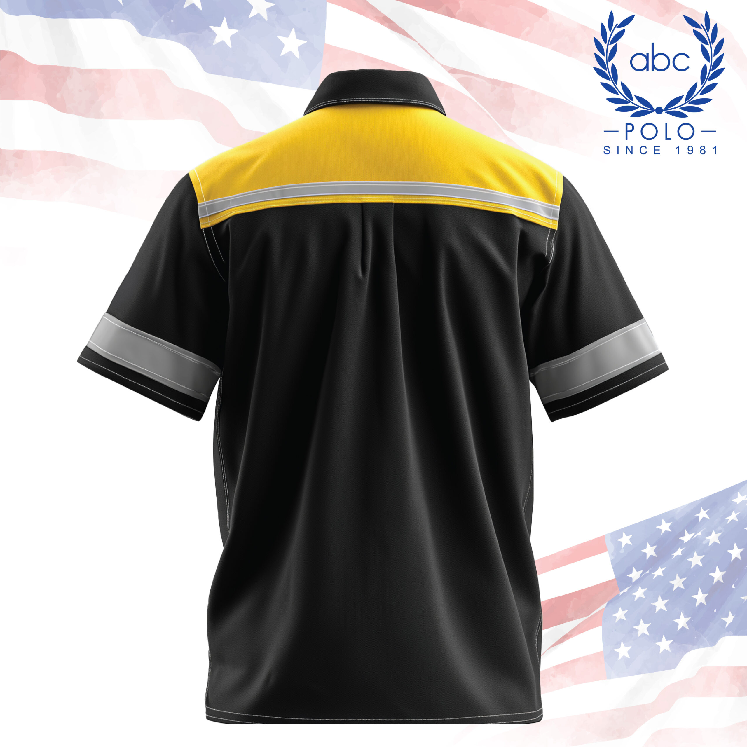 shop 75-02 เสื้อช็อปช่างด้านหลังสีดำตัดเหลือง พร้อมแถบสะท้อนแสงบริเวณไหล่และแขน เพื่อเพิ่มการมองเห็นในสภาพแวดล้อมการทำงาน รับผลิตเสื้อช็อปดีไซน์เฉพาะทางสำหรับองค์กรที่ต้องการเสื้อคุณภาพสูงและมีฟังก์ชันการใช้งานครบถ้วน