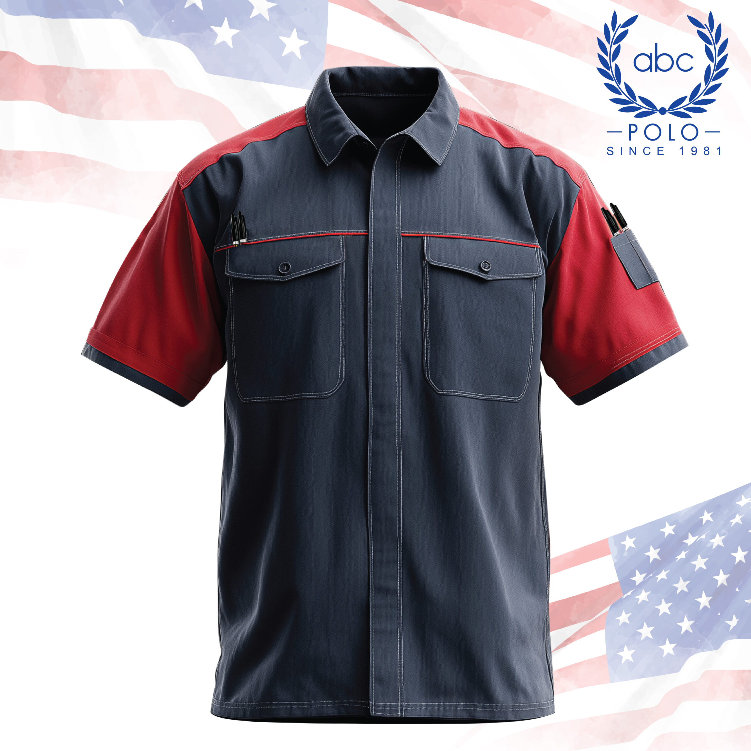 shop 76-01 เสื้อช็อปเทคนิคแขนสั้นสีกรมตัดแดง พร้อมกระเป๋าหน้าฝาปิดสองข้าง เสริมช่องเสียบปากกาทั้งด้านหน้าและแขนขวา เหมาะสำหรับสายช่างที่ต้องการเสื้อช็อปที่ทั้งดูดีและใช้งานได้จริงในภาคสนาม