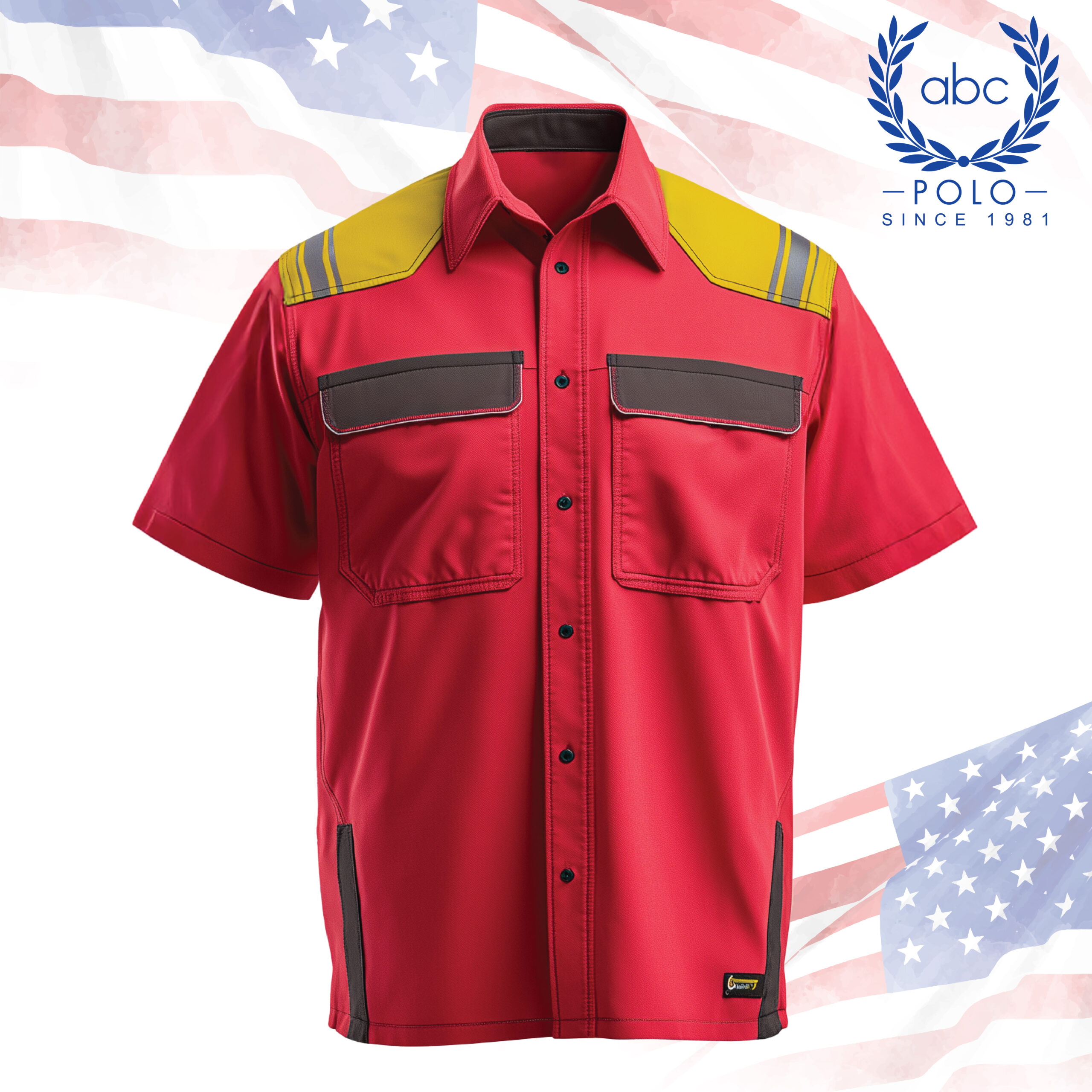 shop 77-01 เสื้อช็อปเทคนิคแขนสั้นสีแดงตัดเทา-เหลือง พร้อมกระเป๋าฝาปิดสองข้างและแถบสะท้อนบนหัวไหล่ เพิ่มความปลอดภัยในการทำงานกลางแจ้ง เหมาะสำหรับช่างเทคนิคที่มองหาเสื้อช็อปคุณภาพสูง ดีไซน์โดดเด่น และสวมใส่สบาย