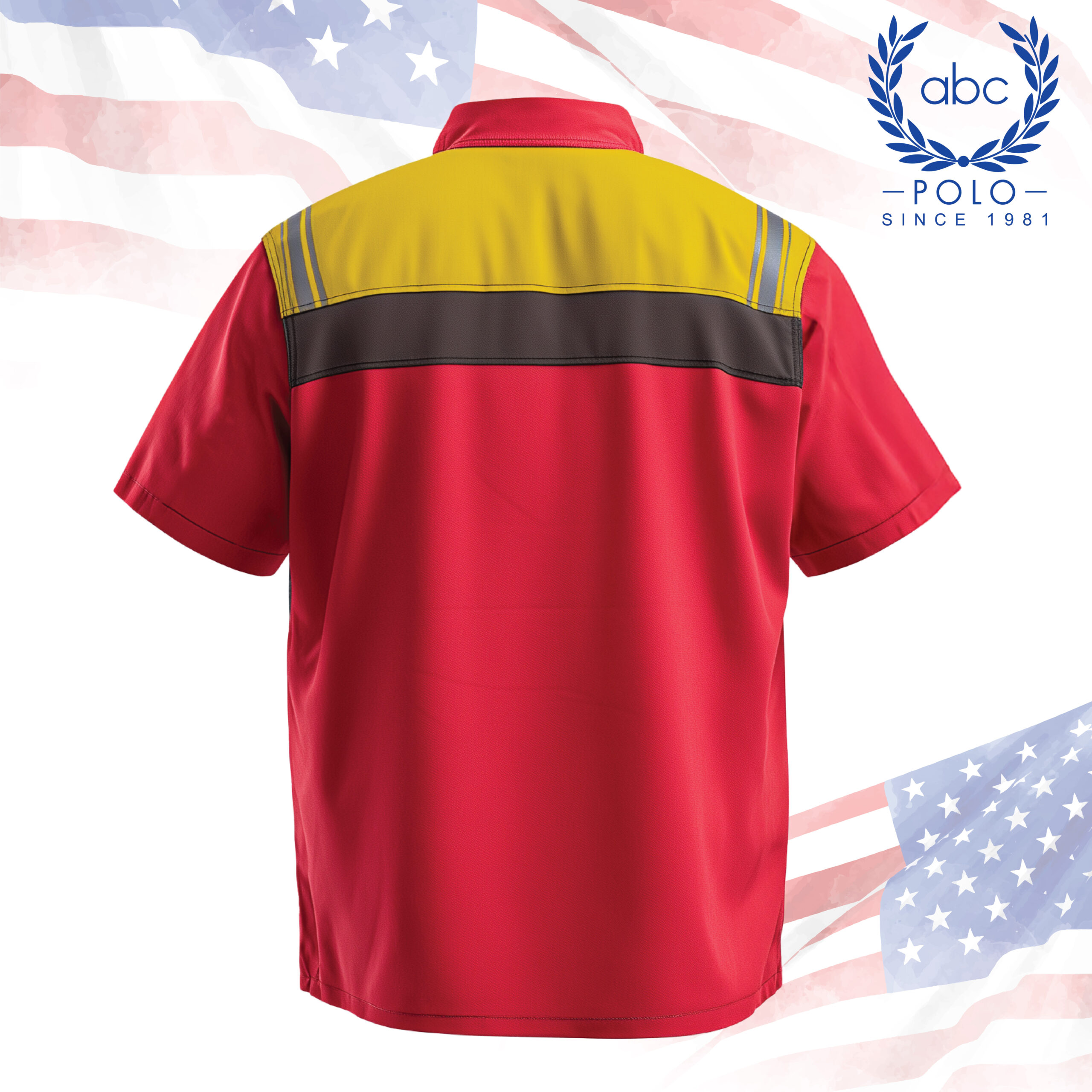 shop 77-02 เสื้อช็อปช่างด้านหลังสีแดงตัดท่อนบนสีเทาและเหลือง เดินเส้นเย็บอย่างประณีต ดีไซน์เรียบแต่มีสไตล์ เหมาะสำหรับโรงงานหรือองค์กรที่ต้องการรับผลิตเสื้อช็อปเฉพาะทางสำหรับใช้งานจริง