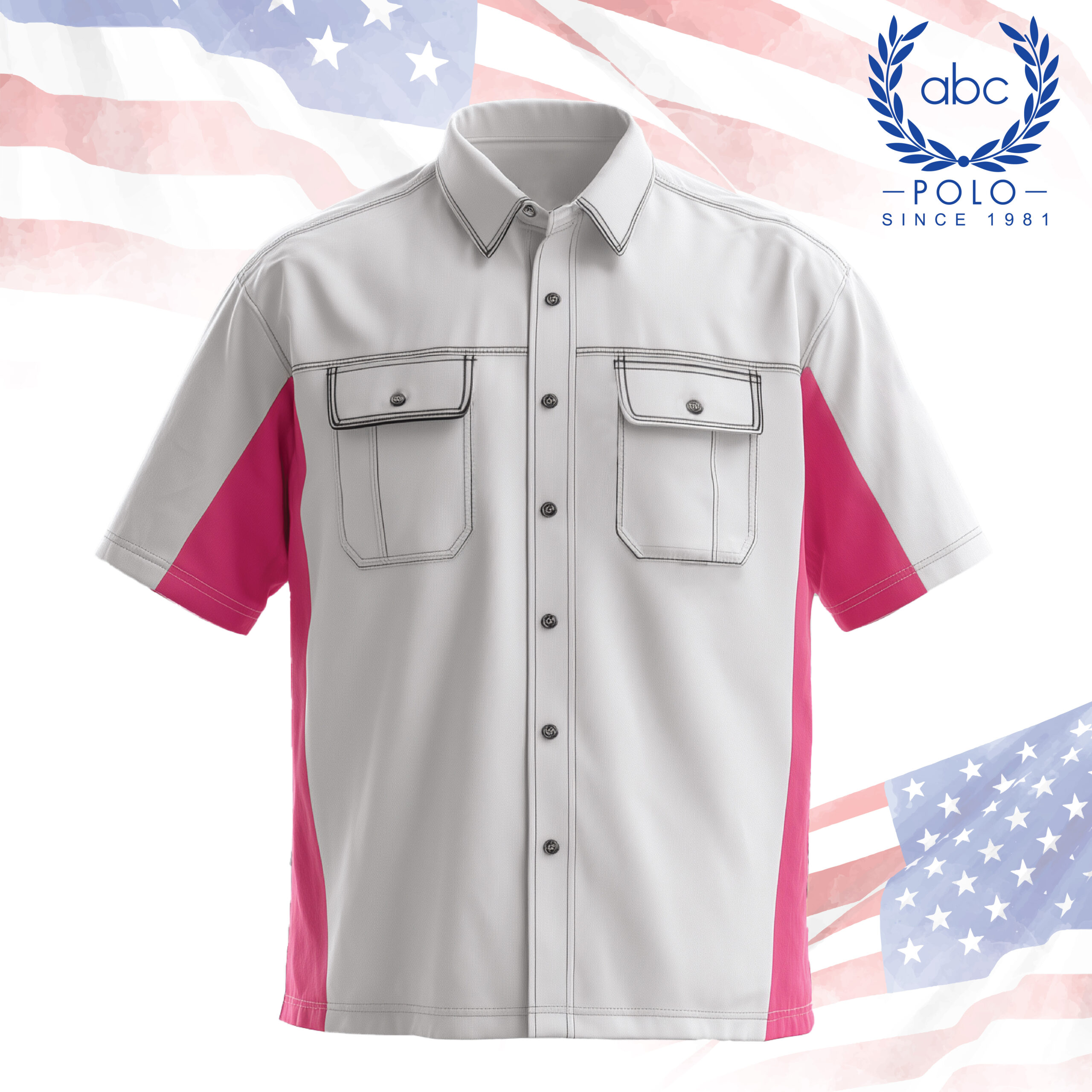 shop 78-01 เสื้อช็อปเทคนิคแขนสั้นสีเทาตัดชมพู ดีไซน์กระเป๋าฝาปิดสองข้างพร้อมเดินเส้นด้ายสีเข้ม เพิ่มความโดดเด่น เหมาะสำหรับช่างเทคนิคหรือพนักงานภาคสนามที่ต้องการเสื้อช็อปทรงเรียบที่ใส่สบายและดูเป็นมืออาชีพ