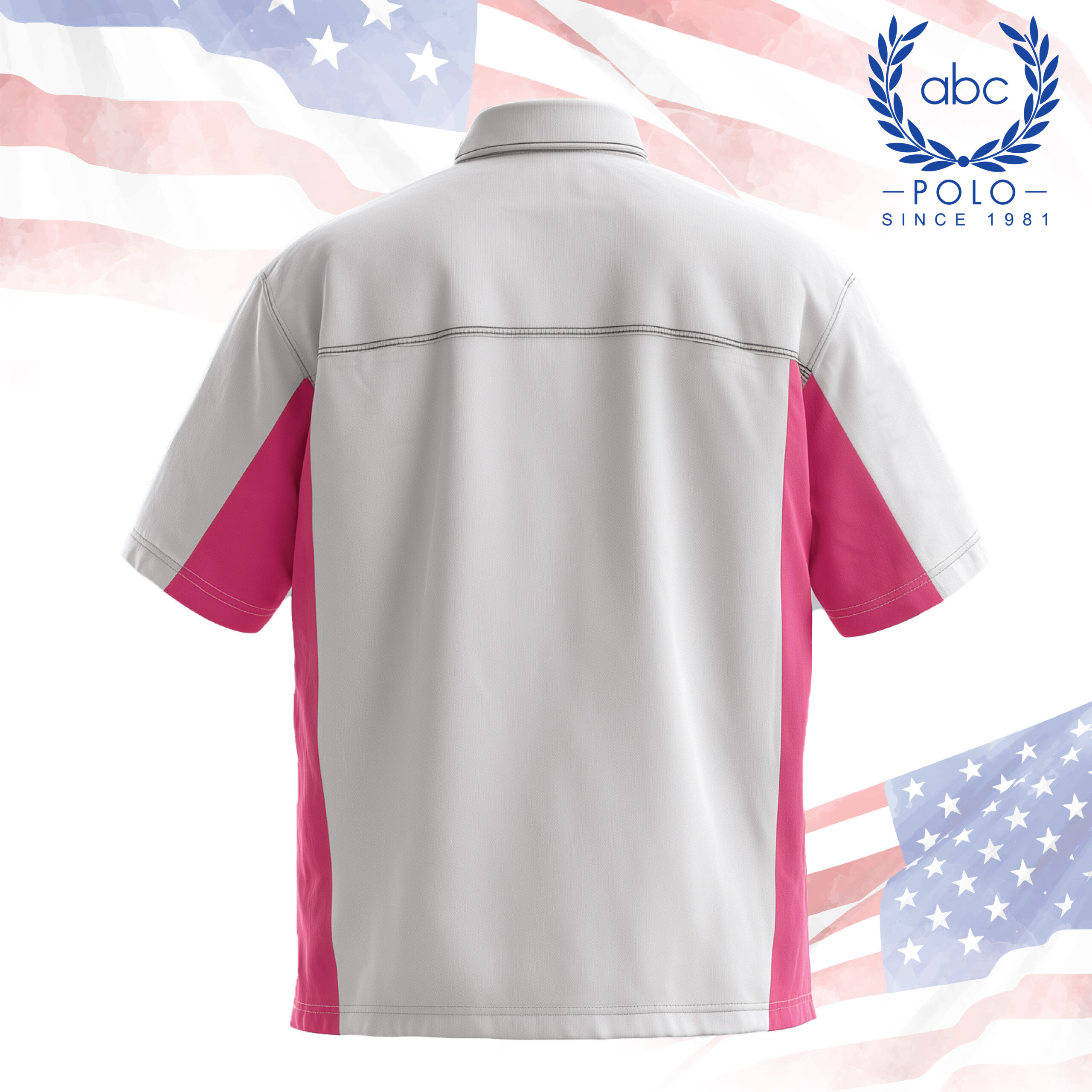 shop 78-02 ด้านหลังเสื้อช็อปช่างสีเทาตัดชมพูที่แขนและด้านข้าง เย็บประณีตด้วยโครงสร้างทรงตรง สวมใส่คล่องตัว เหมาะกับองค์กรที่มองหาโรงงานรับผลิตเสื้อช็อปคุณภาพดีและรองรับงานทุกประเภท