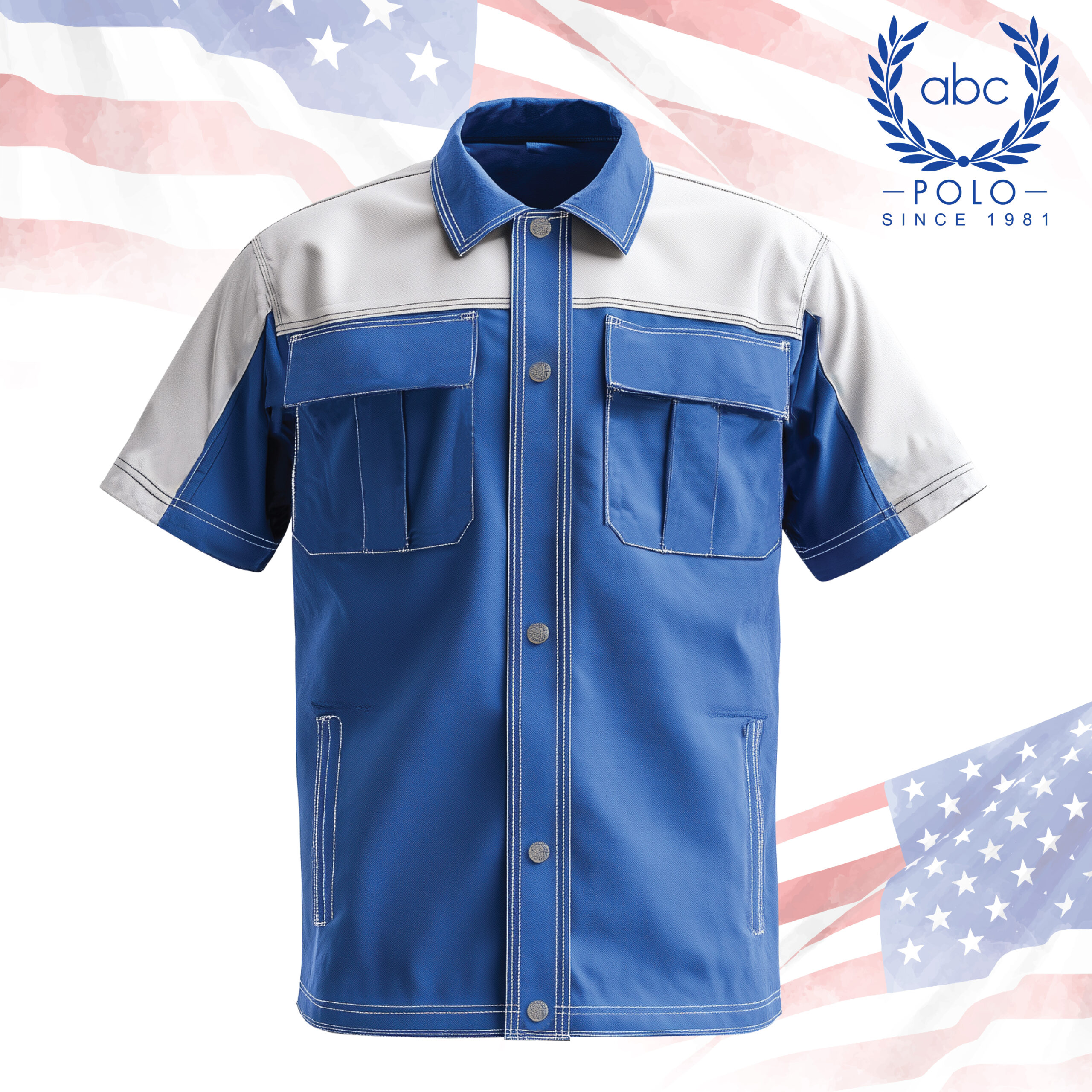 shop 79-01 เสื้อช็อปเทคนิคแขนสั้นสีฟ้าตัดเทา ดีไซน์กระเป๋าคู่ด้านหน้าแบบมีฝาปิด เสริมความโดดเด่นด้วยการเดินเส้นตะเข็บสีขาวอย่างประณีต เหมาะสำหรับช่างเทคนิคและพนักงานในสายงานอุตสาหกรรมที่ต้องการเสื้อช็อปใช้งานจริงและดูเป็นมืออาชีพ