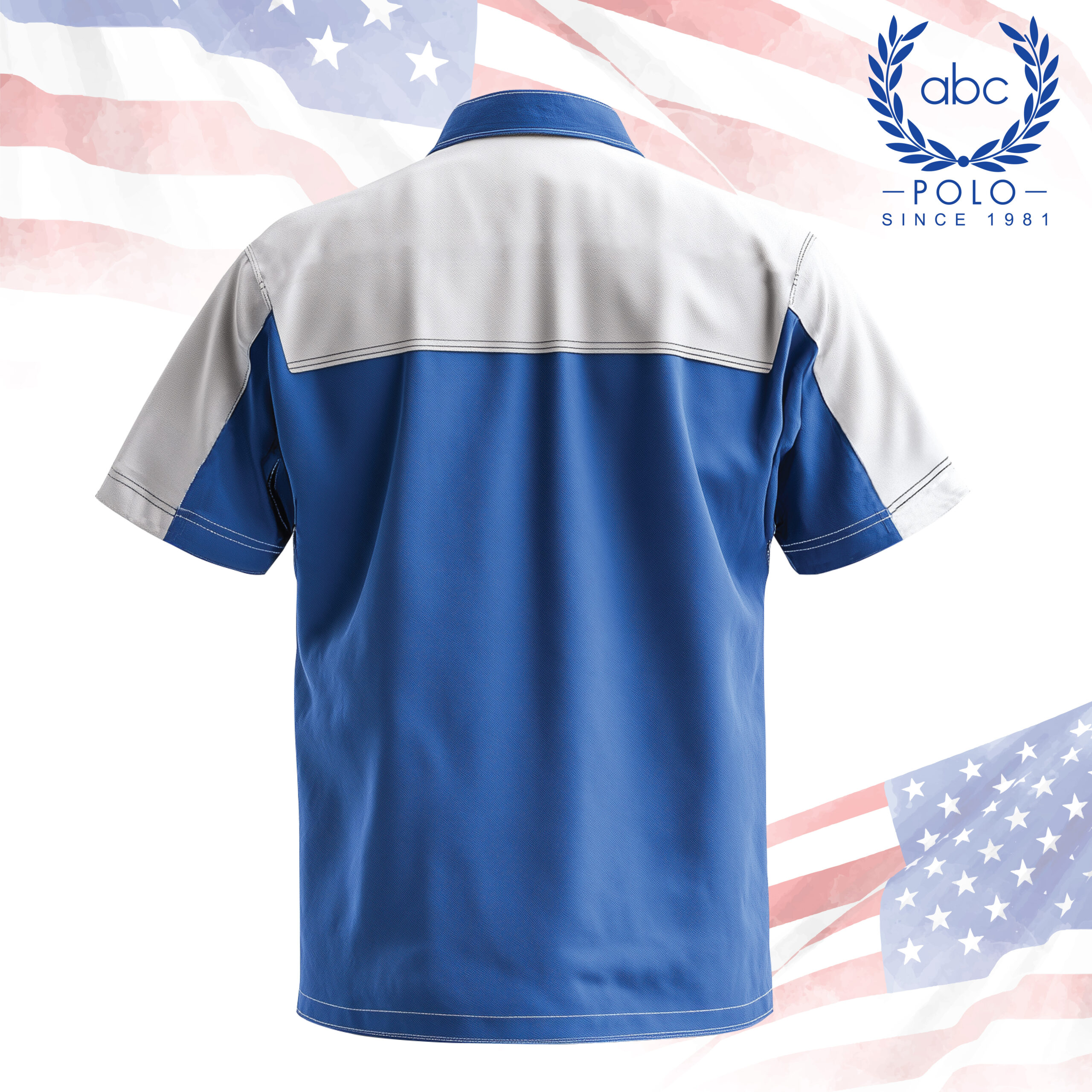 shop 79-02 ด้านหลังเสื้อช็อปช่างสีฟ้าตัดช่วงบ่าด้วยสีเทาอ่อน ให้ลุคเรียบร้อยและทันสมัย เหมาะสำหรับองค์กรที่ต้องการรับผลิตเสื้อช็อปคุณภาพสูง พร้อมฟังก์ชันการใช้งานครบถ้วนในงานวิศวกรรมหรืองานเทคนิค