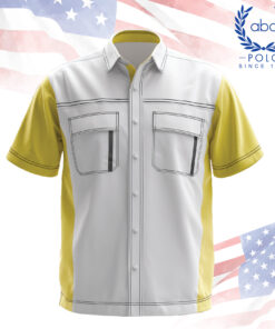 เสื้อช็อปสีขาว-เหลือง กระเป๋าแบบปิดซิปแนวตั้ง ให้ลุคสะอาดเรียบร้อย เหมาะกับงานบริการหรือคลังสินค้า