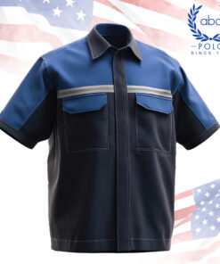 เสื้อช็อปแขนสั้นดีไซน์ทันสมัย โทนน้ำเงินกรม-น้ำเงินสด เพิ่มแถบสะท้อนแสงระดับอก เพิ่มความปลอดภัย เหมาะสำหรับงานภาคสนาม