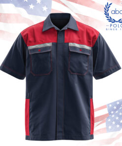 เสื้อช็อปสีน้ำเงินตัดแดงแต่งกระเป๋าคู่ พร้อมแถบสะท้อนแสง เพิ่มความปลอดภัยและโดดเด่น