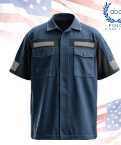 เสื้อช็อปสีกรมท่าตัดดำ แขนสั้น ติดแถบสะท้อนแสงที่หน้าอกและแขนเสื้อ มีกระเป๋าฝาปิด 2 ช่องด้านหน้า ออกแบบเพื่อความปลอดภัยในงานภาคสนาม