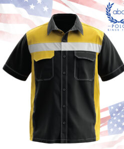 เสื้อช็อปสีดำตัดต่อสีเหลือง พร้อมแถบสะท้อนแสงแนวนอนสีขาวที่อก เสริมภาพลักษณ์ปลอดภัย ดูทันสมัย เหมาะกับงานช่างและงานภาคสนาม