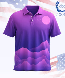 เสื้อโปโลพิมพ์ลายสีม่วงดีไซน์ภูเขาและดวงอาทิตย์สีชมพู แขนสั้น ปกปกติ