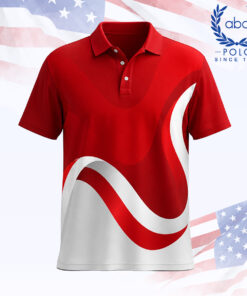 เสื้อโปโลพิมพ์ลายลายโค้งสีแดงและขาว แขนสั้น ปกคอปก มีปุ่มกระดุมสามเม็ด