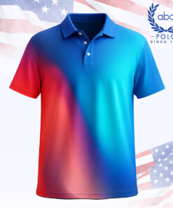 เสื้อโปโลพิมพ์ลายไล่เฉดสีแดงน้ำเงิน แขนสั้น ปกปุ่มสองเม็ด ดีไซน์ทันสมัย
