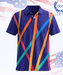 เสื้อโปโลพิมพ์ลายลายเส้นสีสดใสหลากสีบนพื้นสีม่วง แขนสั้น ปกปกติ