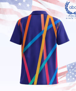 เสื้อโปโลพิมพ์ลายลายเส้นสีสดใสหลากสีบนพื้นสีม่วง แขนสั้น ปกปกติ ภาพที่ 2