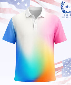 เสื้อโปโลพิมพ์ลายแขนสั้น คอปก สีขาวไล่เฉดสีฟ้า ชมพู และส้ม ด้านหน้าสินค้า