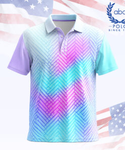 เสื้อโปโลพิมพ์ลายลายกราฟิกสีม่วงฟ้า แขนสั้น ปกคอปกสีขาว แขนเสื้อสองข้างสีม่วงและฟ้า