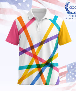 เสื้อโปโลพิมพ์ลายเส้นสีสันสดใส แขนสั้น สีขาว มีลายเส้นสีส้ม ชมพู เหลือง ฟ้า เขียว ม่วง และน้ำเงิน