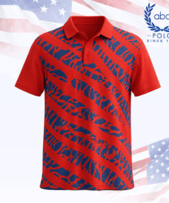 เสื้อโปโลพิมพ์ลายลายเสือสีน้ำเงินบนพื้นสีแดง แขนสั้น ปกปุ่ม 3 เม็ด