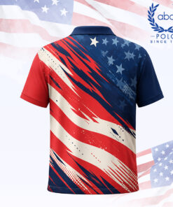 เสื้อโปโลพิมพ์ลายลายธงชาติสหรัฐอเมริกาสีแดง น้ำเงิน และขาว แขนสั้น ปกปกติ กระดุม 3 เม็ด ภาพที่ 2
