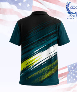 เสื้อโปโลพิมพ์ลายแขนสั้นสีดำมีลายแปรงสีโทนฟ้า ขาว และเขียว ดีไซน์ทันสมัย ภาพที่ 2