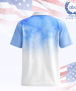 เสื้อโปโลพิมพ์ลายสีฟ้าไล่ระดับขาว แขนสั้น ปกสีขาว ดีไซน์ทันสมัย ภาพที่ 2
