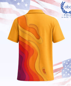 เสื้อโปโลพิมพ์ลายลายเวฟโทนสีเหลือง ส้ม แดง และม่วง แขนสั้น ปกปกติ ภาพที่ 2