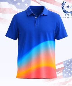 เสื้อโปโลพิมพ์ลายสีฟ้าผสมสีส้มแดง ดีไซน์คอปกและแขนสั้น