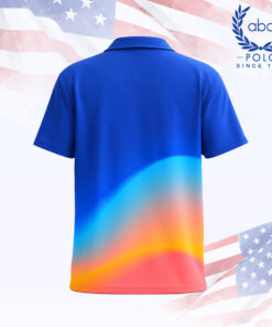 เสื้อโปโลพิมพ์ลายสีฟ้าผสมสีส้มแดง ดีไซน์คอปกและแขนสั้น ภาพที่ 2