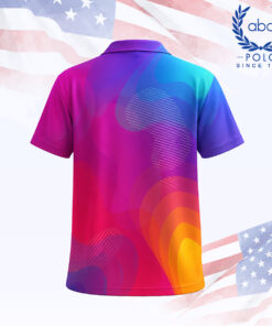 เสื้อโปโลพิมพ์ลายสีม่วงชมพูส้ม ดีไซน์ลายกราฟิกทันสมัย แขนสั้น ปกคอปก มีปุ่มกระดุม 3 เม็ด ภาพที่ 2