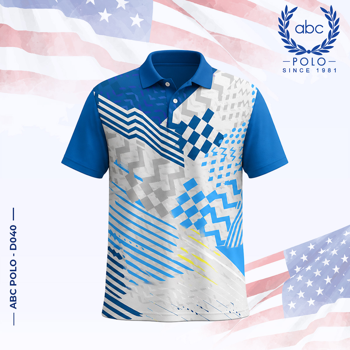 ABC-POLO-D040-1 เสื้อโปโลแขนสั้นพิมพ์ลายกราฟิกโทนสีน้ำเงินและขาว มีลายเส้นและลวดลายหลากหลายบนตัวเสื้อ แขนและปกเสื้อเป็นสีน้ำเงิน