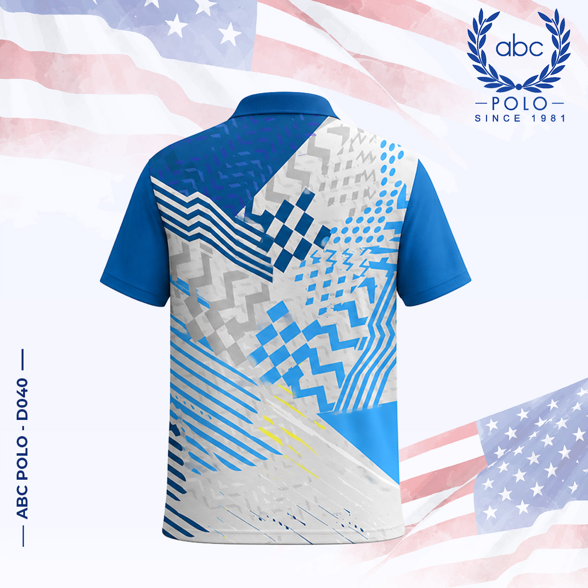 ABC-POLO-D040-2 เสื้อโปโลแขนสั้นพิมพ์ลายกราฟิกโทนสีน้ำเงินและขาว มีลายเส้นและลวดลายหลากหลายบนตัวเสื้อ แขนและปกเสื้อเป็นสีน้ำเงิน ภาพที่ 2