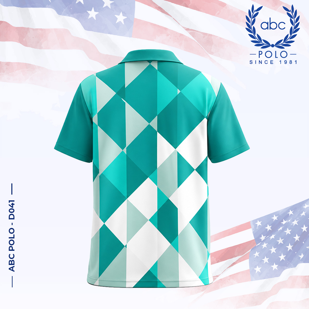 ABC-POLO-D041-2 เสื้อโปโลแขนสั้นพิมพ์ลายกราฟิกสีเขียวฟ้าและขาว ดีไซน์ทันสมัย มีปกและกระดุม 3 เม็ด ภาพที่ 2