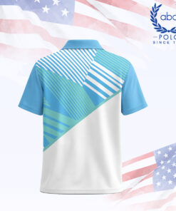 เสื้อโปโลพิมพ์ลายลายเส้นเฉียงสีฟ้าและขาว แขนสั้น ปกเสื้อสีฟ้า ตัดต่อผ้าสีขาวด้านล่าง ภาพที่ 2
