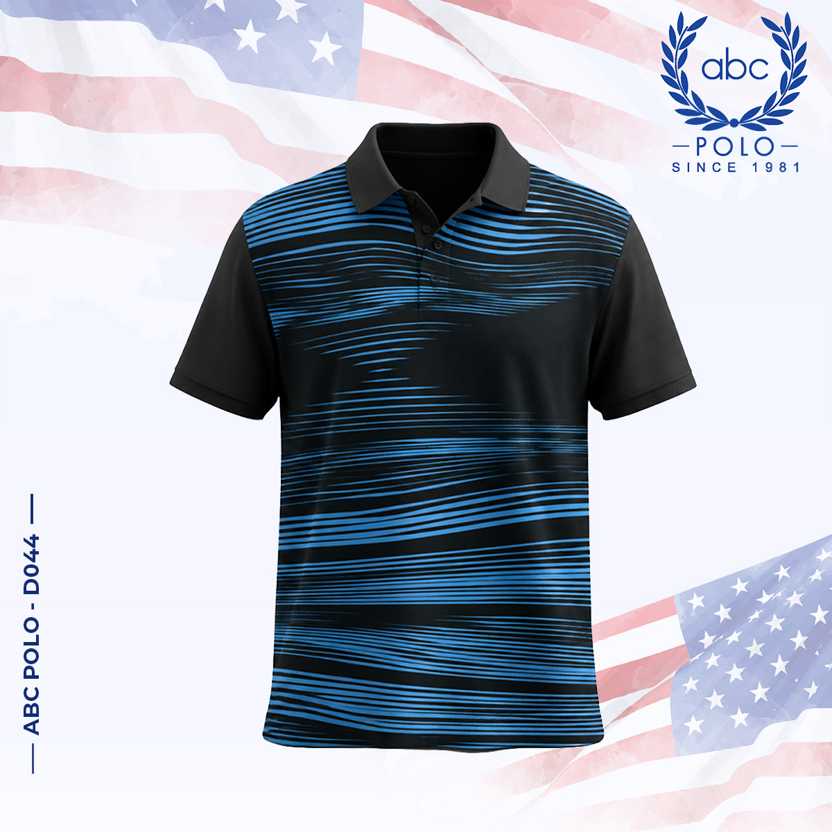 ABC-POLO-D044-1 เสื้อโปโลแขนสั้นพิมพ์ลายเส้นสีฟ้าบนพื้นสีดำ มีปกและกระดุมสีดำ