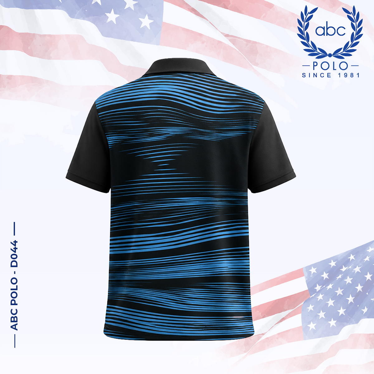 ABC-POLO-D044-2 เสื้อโปโลแขนสั้นพิมพ์ลายเส้นสีฟ้าบนพื้นสีดำ มีปกและกระดุมสีดำ ภาพที่ 2