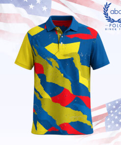 เสื้อโปโลพิมพ์ลายลายกราฟิกสีฟ้า เหลือง แดง แขนสั้น มีปกคอปกติ