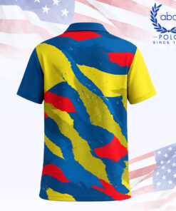 เสื้อโปโลพิมพ์ลายลายกราฟิกสีฟ้า เหลือง แดง แขนสั้น มีปกคอปกติ ภาพที่ 2