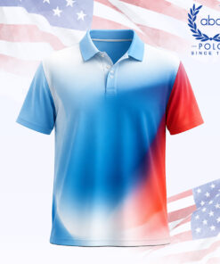 เสื้อโปโลพิมพ์ลายแขนสั้น ดีไซน์สีฟ้าแดงขาว มีปกและกระดุมสามเม็ด