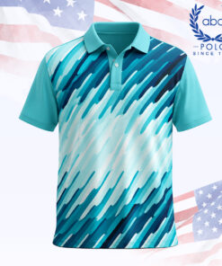 เสื้อโปโลพิมพ์ลายสีฟ้าเขียวลายแปรงสี แขนสั้น ปกคอปก มีปุ่มกระดุม 2 เม็ด